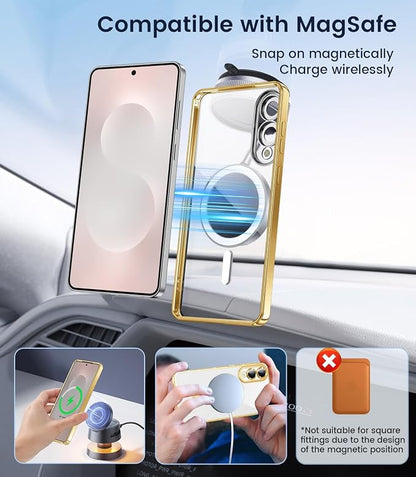 Slim Thin for Samsung Galaxy S25 Edge Case, Compatible with MagSafe, Built-in Camera Lens Protector, Shockproof Protective Phone Case, Soft Electroplated Clear Cover, Gold