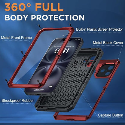 Beasyjoy for iPhone 16 Plus Case Waterproof, Metal Heavy Duty Full Body Protective Case with Built-in Screen Protector, Military Grade Shockproof Dustproof Defender Case for Work Sport 6.7", Red