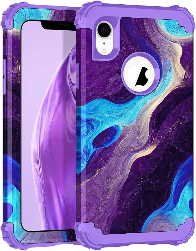Hocase for iPhone XR Case, Heavy Duty Shockproof Protection Soft Silicone Rubber+Hard Plastic Bumper Hybrid Dual Layer Protective Case for iPhone XR (6.1-inch Display) 2018 - Blue Purple Marble