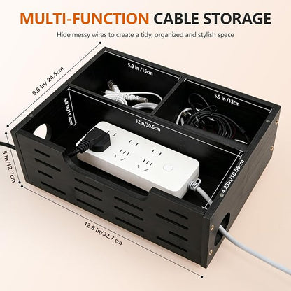 Wooden Cable Management Box – Sleek Cord Organizer & Power Strip Organzer Box Large Wire Hider for Power Strips, Chargers and Desk Cables – Floor Cord Covers Neat Storage for, Routers and USB Hubs