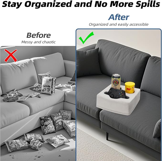 G GOOD GAIN Couch Cup Holder Pillow, Spill-Proof Sofa Drink Cup Holder & Multi-Use Organizer for Sofa, Bed, Car, Beach - Holds Mugs, Phone, Snacks, Remote Control, KeepTemp Design (LightGrey)