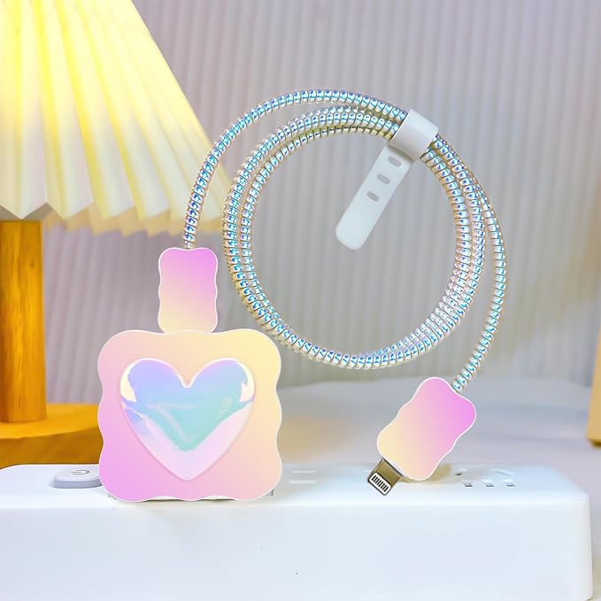 CameCosy DIY Phone Charger Case Storage Sets Cable Protector Earphone Wire Saver with Purple Wave Travel Storage Bag, Cable Charger Protector Cord Organizer for iPhone (Pearl Heart)