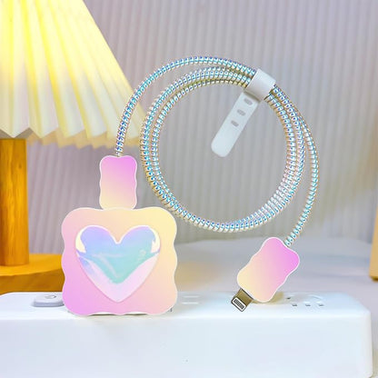 CameCosy DIY Phone Charger Case Storage Sets Cable Protector Earphone Wire Saver with Purple Wave Travel Storage Bag, Cable Charger Protector Cord Organizer for iPhone (Pearl Heart)