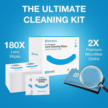 SmoTecQ Lens Wipes for Glasses, 180 Individually Wrapped Eyeglass Cleaning Wipes with 2 Microfiber Cloths for a Streak-Free Finish, Safe for Coated Lenses, Screens & Camera Lenses