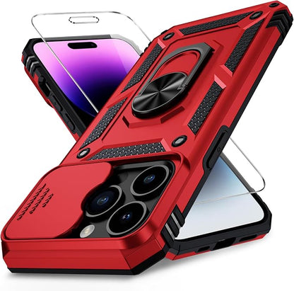 Weycolor for iPhone 14 Pro Max Case with Camera Lens Cover, HD Screen Protector, 10 FT Military Grade Drop Protection, Magnetic Ring Holder Kickstand Protective Phone Case, Red