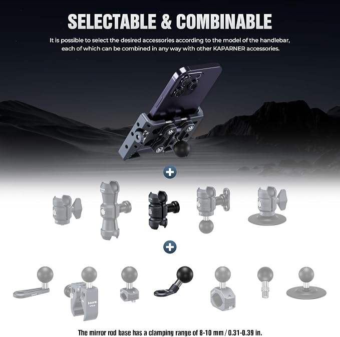 Shock-Absorbing Phone Clip Kit, for 8-10mm Screw/Mirror Install, Anti-Theft Double Socket Arm and 25mm Ball Top and Base, Suitable for Width of 2.56-3.74" Smartphone (KPS-17)