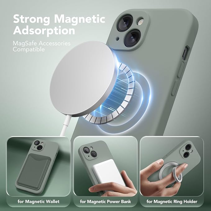 Magnetic for iPhone 15 Case, Compatible with MagSafe, [Screen Protector + Full Camera Protection], Silicone Shockproof Anti-Scratch Protective Phone Case for iPhone 15 6.1", Calke Green