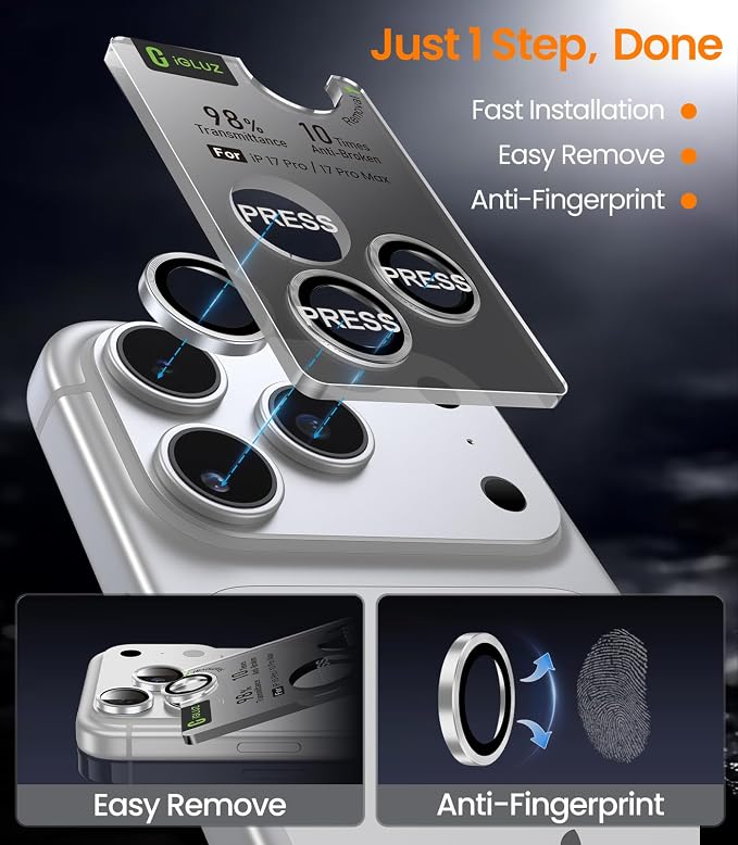 iGluz 2 Pack Anti-Reflection Camera Lens Protector for iPhone 17 Pro Max/iPhone 17 Pro [98% Transmittance][1-Step Installation][Strong Adsorption] 9H Shatterproof Tempered Glass-Silver