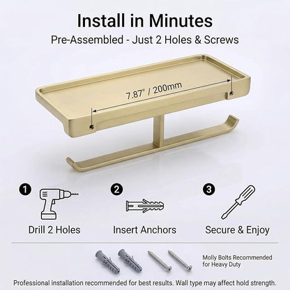 Dual Roll Toilet Paper Holder with Phone Shelf, Solid Metal Bathroom Accessory Tissue Dispenser Storage Wall Mounted, Spot Resist, Brushed Gold