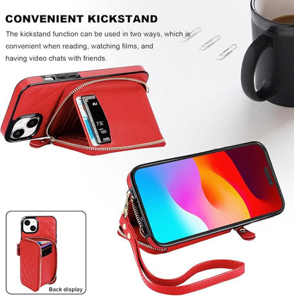 Bocasal Crossbody Wallet Case for iPhone 15 Plus, RFID Blocking PU Leather Zipper Handbag Purse Flip Cover, Kickstand Folio Case with Card Slots Holder Wrist Strap Lanyard 5G 6.7 Inch (Red)