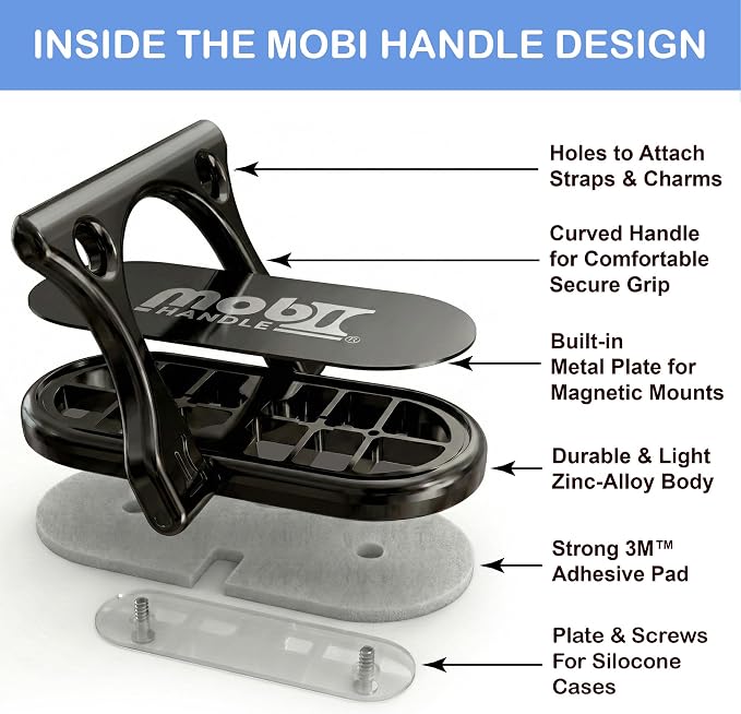 Patented 3-Finger Phone Grip & Stand - Comfortable & Secure Loop Holder for iPhone & Android - Ultra-Slim Zinc Alloy - Magnetic Mount Ready - Cell Phone Ring Alternative [Black Chrome]