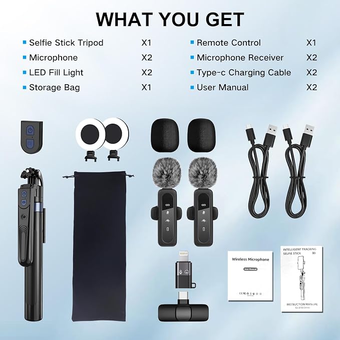Content Creator Vlogging Kit for iPhone/Android,70-inch Auto Face Tracking Tripod for iPhone with Light and Wireless Microphones,TikTok/YouTube Starter Kit