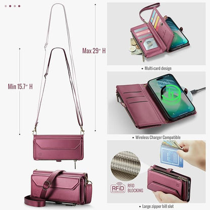 Strapurs Wallet Case Compatible with iPhone Air 6.5" RFID Blocking 10-Card Holder Soft PU Leather Magnetic Snap Shoulder Strap Zipper Pocket Phone Case Fit for iPhone 17 Air for Women - WineRed