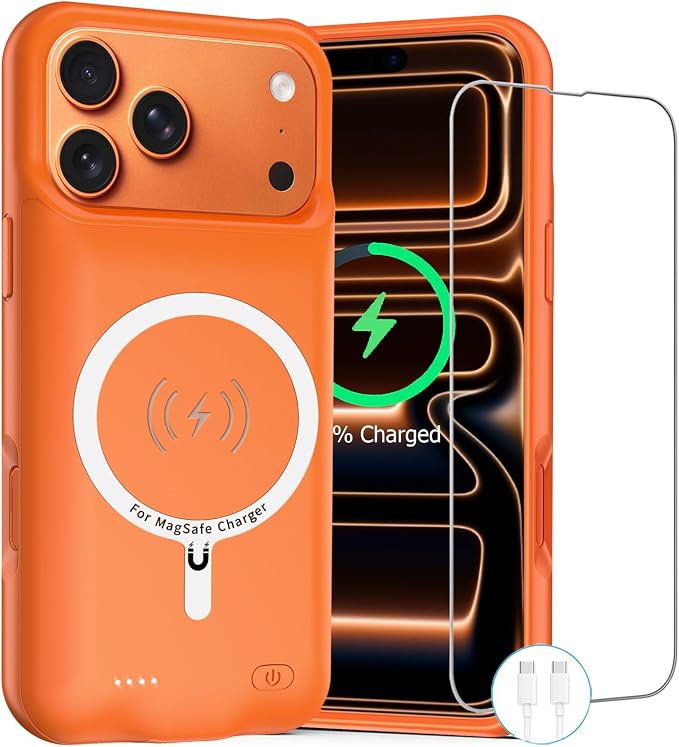 Battery Case for iPhone 17 Pro Max,12000mAh Rechargeable Portable Charging Case with Wireless Charging Compatible for iPhone 17 Pro Max (6.9inch) with Carplay Extend Battery Pack Charger Cover -Orange
