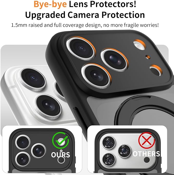 Magnetic iPhone Case [Compatible with MagSafe], Shockproof Translucent Matte Phone Case for iPhone 17 Pro Max, iPhone 17 Pro (with 360° Rotatable Ring Holder Stand) (Black, iPhone 17 Pro)