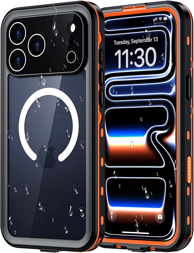 Red2Fire for iPhone 17 Pro Case Waterproof, [Built-in Screen Protector & Camera Protector][Compatible with MagSafe][Full Body Shockproof][IP68 Waterproof][Dustproof] Phone Case 6.3" Orange/Clear