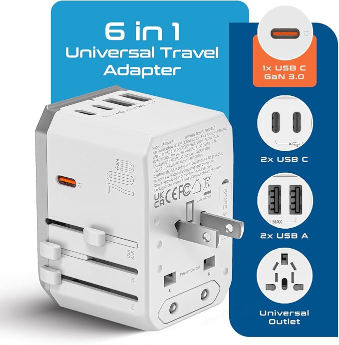 Ceptics 6 in 1 Universal Travel Adapter with PD 70W USB-C and 2X USB-A and 2X USB-C 3A, Universal Charger with QC 3.0 for US/EU/UK/AU, Universal Power Adapter with Type I C G A Outlets | 6 in 1 International Power Adapter for USA, EU, UK, AU & more, Ty...