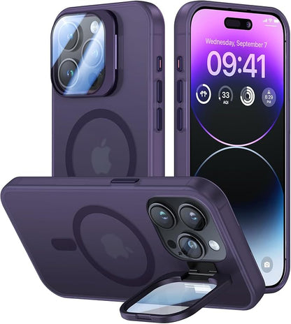 for iPhone 15 Pro Case with Camera Cover Stand [Built-in 9H Camera Lens Protector][Fit for Magsafe] Military Grade Shockproof Translucent Matte Magnetic Phone Case 6.1", Purple