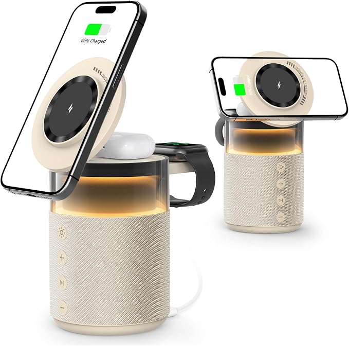 5-in-1 Bluetooth Speaker with Wireless Charging Station,Magnetic Charger with Night Light,Charger Stand with 33W Adapter Compatible with iWatch iPhone 17 16 15 14 13 12 Pro Max Wireless Earbuds