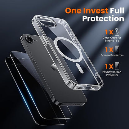 3 in 1 for iPhone 16E Case Clear/iPhone 17E Case, Not Yellowing, Screen Protector*2, Military-Grade Protection for iPhone 16e & 17e Case 6.1 inch Clear
