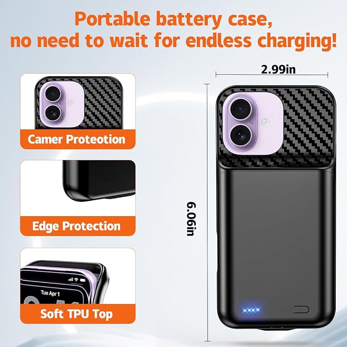 Battery Case for iPhone 16 Pro,17 (6.3 inch), 2026 Upgraded High Capacity 13800mAh Battery Pack Rechargeable Charger External Charging Case with Tempered Glass Screen Protector Black