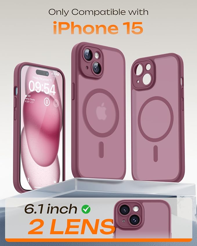 TOCOL for Phone 15 Case, Compatible with Magsafe Charger, Full Camera Protection, Drop Protection, Translucent Matte Phone Case for iPhone 15 6.1 inch (Plum)