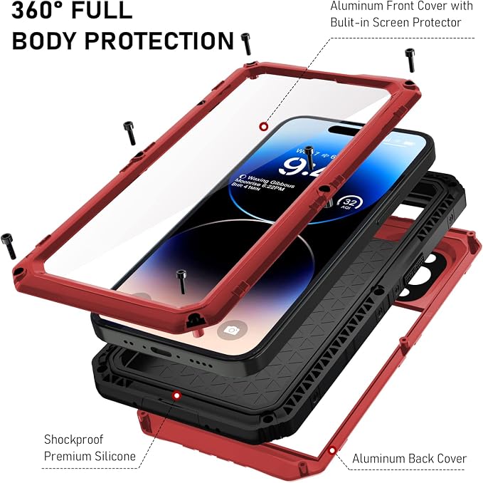 Beasyjoy Waterproof Case for iPhone 14 Pro, Metal Full Body Sealed Phone Case with Built-in Screen Protector, Military Grade Heavy Duty Defender Armor Shockproof Rugged Case 6.1 Inch, Red