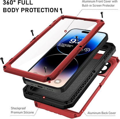 Beasyjoy Waterproof Case for iPhone 14 Pro, Metal Full Body Sealed Phone Case with Built-in Screen Protector, Military Grade Heavy Duty Defender Armor Shockproof Rugged Case 6.1 Inch, Red