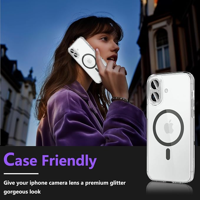 Camera Lens Protector for iPhone 16/iPhone 16 Plus, Bling Glitter Camera Cover with 9H Tempered Glass Metal Ring, Anti-Scratch Lens Protector for iPhone 16/iPhone 16 Plus (Glitter - Silver)