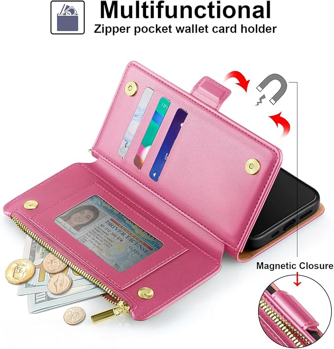 Antsturdy Compatible with iPhone 17 Pro Wallet Case Women,RFID Blocking PU Leather Phone Case Men Kickstand Flip Cover Wrist Strap Zipper Credit Card Holder Slots for Apple 17 Pro 6.3",Hot Pink