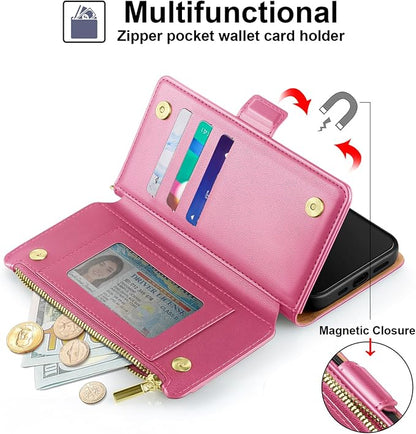 Antsturdy Compatible with iPhone 17 Pro Wallet Case Women,RFID Blocking PU Leather Phone Case Men Kickstand Flip Cover Wrist Strap Zipper Credit Card Holder Slots for Apple 17 Pro 6.3",Hot Pink