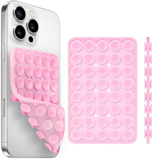 Silicone Suction Cup Phone Case Mount Double Sided, Phone Accessories Hands-Free Strong Grip Holder for Selfies and Videos (Pink Glitter)
