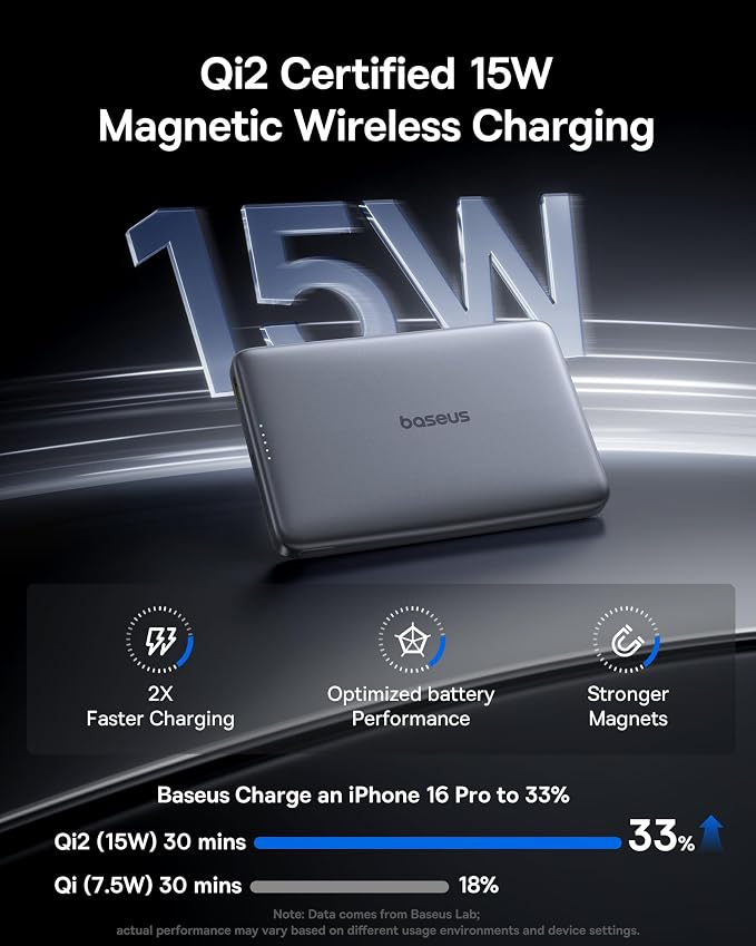 Baseus Picogo Magsafe Portable Charger, Qi2 15W 0.5" Ultra Slim 10000mAh Wireless Power Bank, 27W Fast Charging Magnetic Battery Pack with USB-C for iPhone 17 Pro Max/17 Pro/Air/16/15/14/13/12