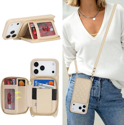 Crossbody Wallet Case for iPhone 17 Pro, PU Leather Zipper Handbag Purse Flip Cover, Kickstand Folio Case with Card Slots Holder Wrist Strap Lanyard 5G 6.3 Inch-White