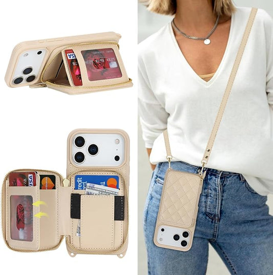 Crossbody Wallet Case for iPhone 17 Pro, PU Leather Zipper Handbag Purse Flip Cover, Kickstand Folio Case with Card Slots Holder Wrist Strap Lanyard 5G 6.3 Inch-White