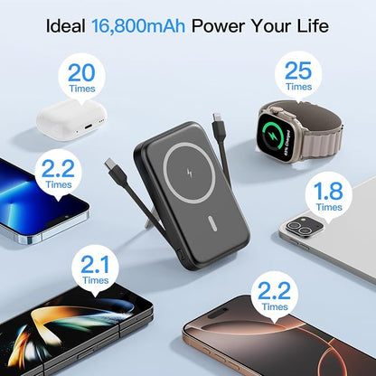 2026 Latest Portable Charger, 16800mAh Magnetic Wireless Power Bank with 2 Built in Cables, LED Display Battery Pack Travel Essentials for iPhone 17/16/15/14/13/Pro/Mini/Pro Max Andriod