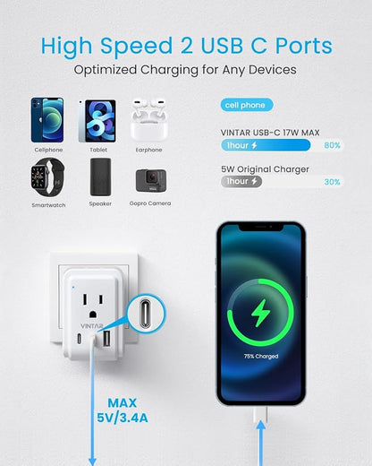 2 Pack US to UK Ireland Plug Adapter, VINTAR Foldable Type G Power Adapter, UK Travel Adaptor with 2 Outlets and 3 USB(2 USB C Ports) for England Scotland Ireland London Dubai Singapore Hong Kong
