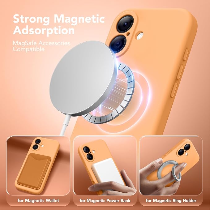 Magnetic for iPhone 17 Case, Compatible with MagSafe, [Full Camera Protection][Screen Protector] Silicone Shockproof Protective Phone Case for iPhone 17 6.3", Cantaloupe