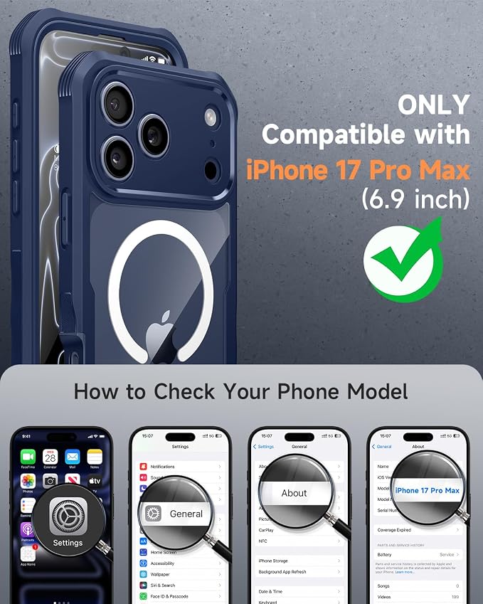 seacosmo for iPhone 17 Pro Max Case, Full Body Bumper with Built-in Tempered Glass Screen Protector and Camera Lens Protection, Compatible with MagSafe, Shockproof 17 Pro Max Case, 6.9", Deep Blue