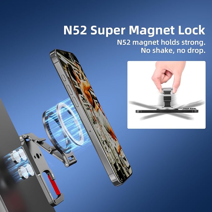 Magnetic Phone Mount for MagSafe, Maglock Tripod Adapter Magnet Golf Gym Workout Stand Metal Carabiner Dual Holder with 1/4 Screw Hole, for iPhone 16 15 14 13 12 Series Foldable Portable Accessories