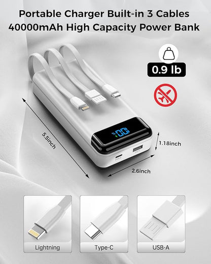 Portable Charger 40000mAh Power Bank, PD 22.5W Fast Charging | Built-in Cable, 4 Output 3 Input, Digital Display, Compatible with iPhone 17 16 15 14 13 Android