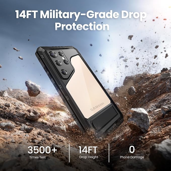Mitywah Waterproof Case for Samsung Galaxy S25 Ultra, Heavy Duty Metal Kickstand Case, Shockproof Full Body Phone Case with Built-in Screen Protector for Samsung S25 Ultra Case Black