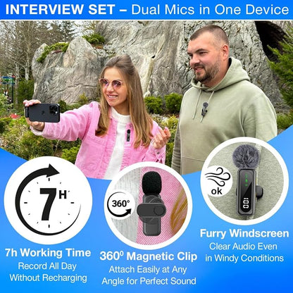 Wireless Lavalier Microphone for iPhone Mini Mic Android/Tablet/PC Video Recording Clip-on Mics with Rotatable Clip&Denoise Recording, Ideal for Vlog Tiktok Youtube Podcast Content Creator
