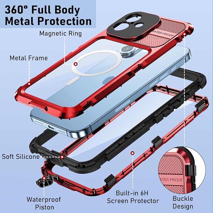 WIFORT for iPhone 16 Plus Waterproof Case - Metal Heavy Duty [Built-in Screen Protector] [14FT Military Shockproof] [Fit for MagSafe], IP68 Full Body Rugged Water Proof Magnetic Cover, 6.7" Red
