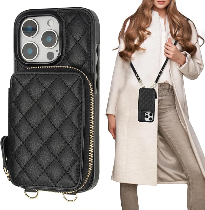 Bocasal Crossbody Wallet Case for iPhone 16 Pro, RFID Blocking PU Leather Zipper Handbag Purse Flip Cover, Kickstand Folio Case with Card Slots Holder Wrist Strap Lanyard 5G 6.3 Inch (Black)