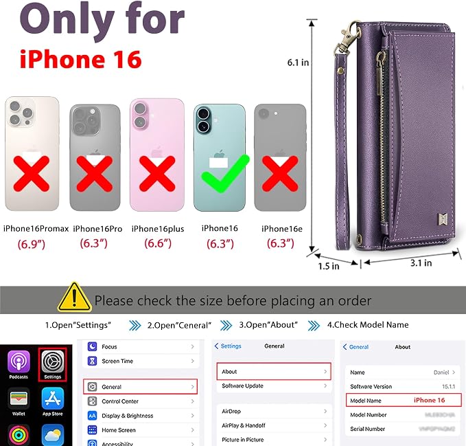 Wallet Case for iPhone 16 with Card Holder/Crossbody Wallet/Strap| RFID Blocking | Magnetic | Kickstand | Detachable | PU Leather Phone Case for iPhone 16,6.1 in,Purple