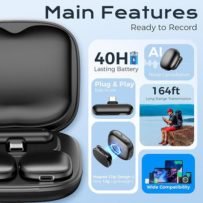 Wireless Lavalier Microphone for iPhone/Android, Lapel Mics with Lighting/USB-C Plug-Play, AI Noise Cancellation, 35H Battery Life, 164ft Range for Stream, Vlogging & Podcast, Magnetic Clip Mic