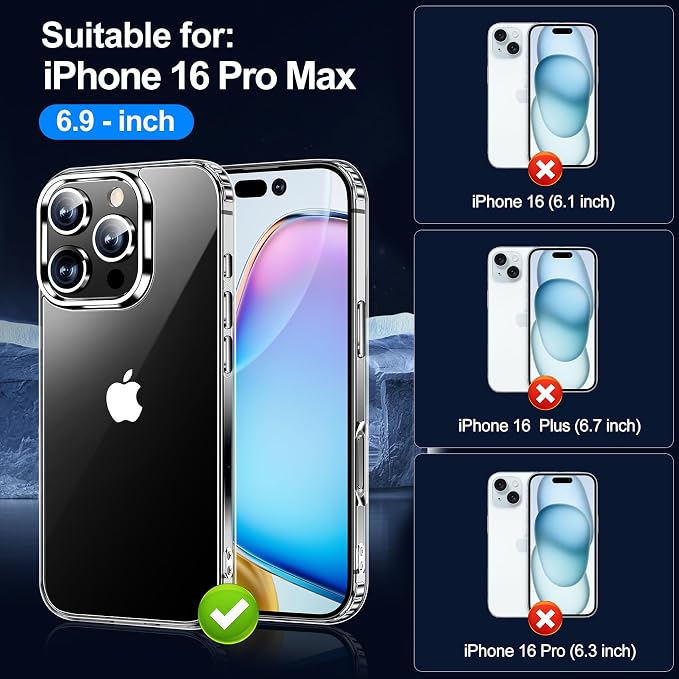 xiwxi for iPhone 16 Pro Max Case,with Screen Protector+Camera Lens Protector,Non-Yellowing,Military-Grade Drop Protection,Perfect Handfeel,Shockproof Bumper,Clear Slim Phone Case-6.9 inch