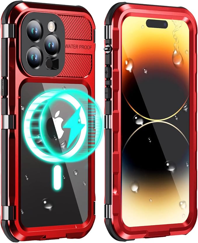 WIFORT for iPhone 14 Pro Waterproof Case - Metal Heavy Duty Full Body Protective Cover Built-in Screen Protector, IP68 Water Proof Military Grade Shockproof Rugged Drop Defender Phone case 6.1" Red