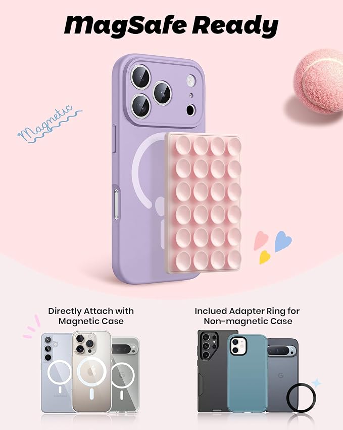 amBand Magnetic Suction Phone Mount for MagSafe Case, Silicone Octo Cup Buddy Sticky Grip Holder for iPhone, Removable Hands-Free Selfie/Video for TikTok Influencers, Women Gift, Light Pink
